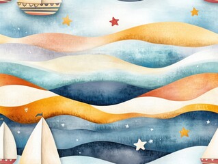 Obraz premium Boho seamless pattern and toy concepts. A colorful watercolor illustration featuring rolling waves, sailboats, and stars, evoking a serene maritime scene.