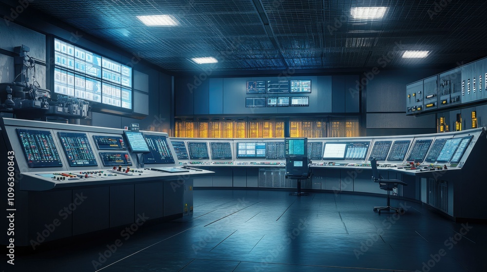 Aufkleber High-tech control room with advanced digital interfaces and automated monitoring systems, managing industrial operations in a power facility for efficient management.