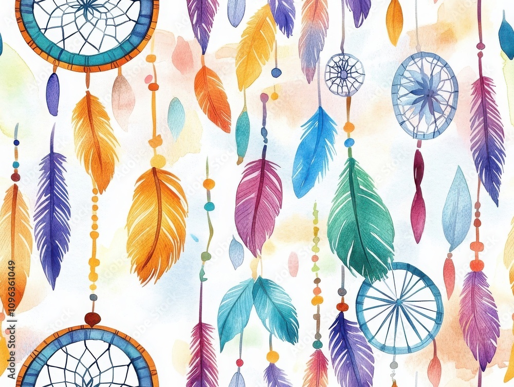 Aufkleber boho seamless pattern and toy concepts. a vibrant design featuring dreamcatchers and colorful feathe