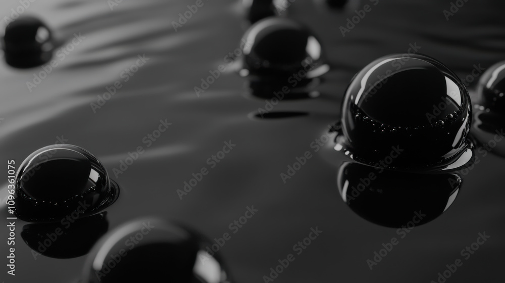 Poster close-up view of shiny black droplets on a smooth surface creating a mesmerizing pattern during a ca