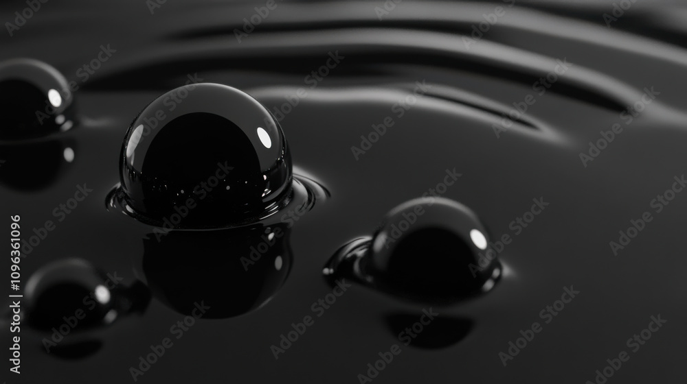 Poster close-up view of shiny black droplets on a smooth surface creating a mesmerizing pattern during a ca