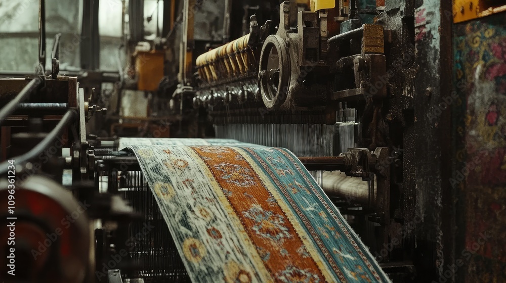 Fototapete Image of advanced machinery at work on a textile loom, creating precisely woven fabrics with detailed patterns and design.