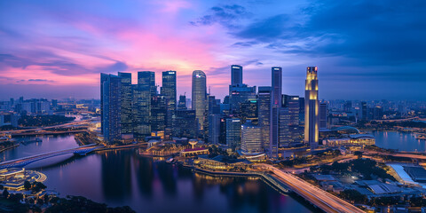 Obraz premium Modern City Skyline with Office Buildings and Drone View at Sunset