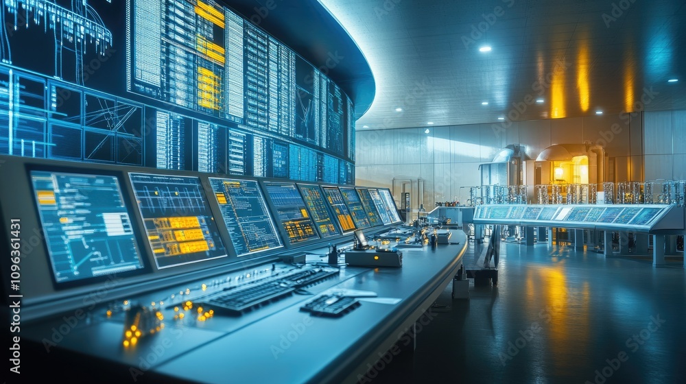Poster industrial control room with advanced technologies, digital displays, and automated systems for effi