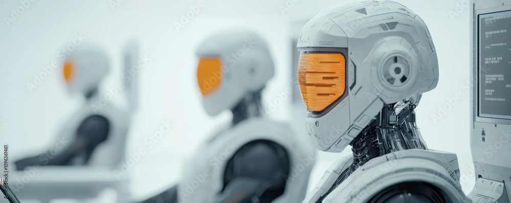Aufkleber futuristic robots with glowing helmets in high tech environment
