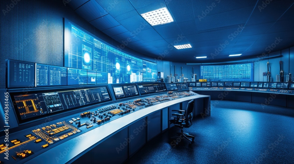 Poster industrial control room with advanced technologies, digital displays, and automated systems for effi