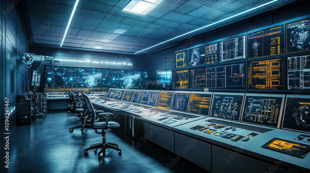 Poster industrial control room with advanced technologies, digital displays, and automated systems for effi