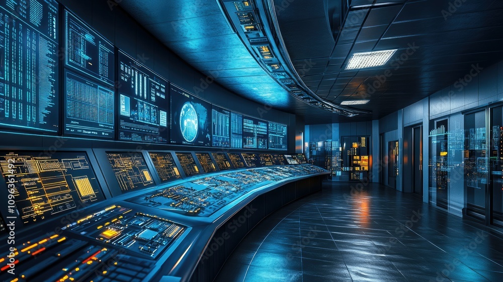 Poster industrial control room with advanced technologies, digital displays, and automated systems for effi