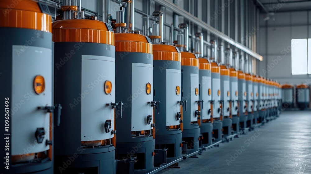 Poster industrial furnace room with multiple high-tech kilns arranged in a neat row, producing gypsum board