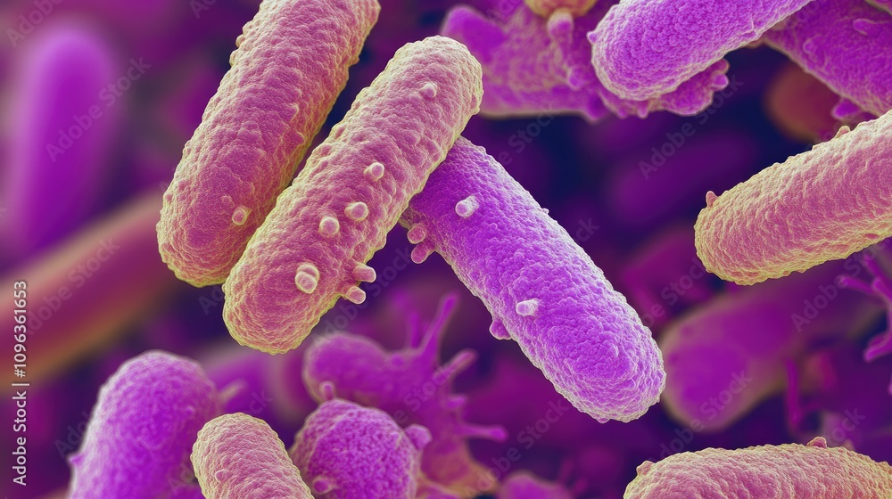 Poster magnified image of streptococcus bacteria cells under a microscope, illustrating their characteristi