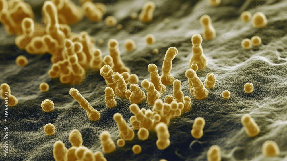 Poster magnified image of streptococcus bacteria cells under a microscope, illustrating their characteristi