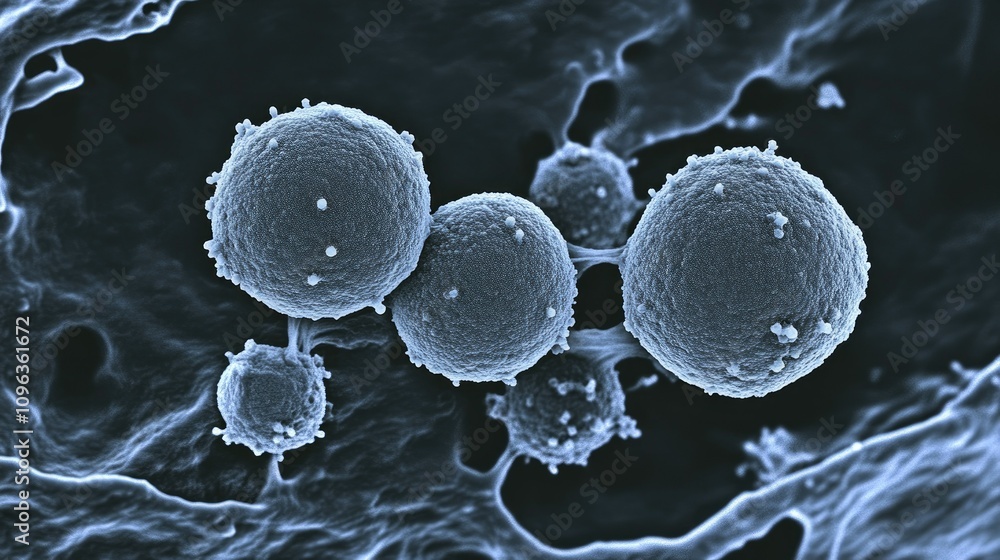 Poster magnified image of streptococcus bacteria cells under a microscope, illustrating their characteristi