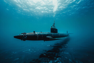 Beautiful large submarine floating in middle of ocean during mission