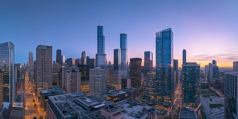 Obraz premium Modern City Skyline with Office Buildings and Drone View at Sunset