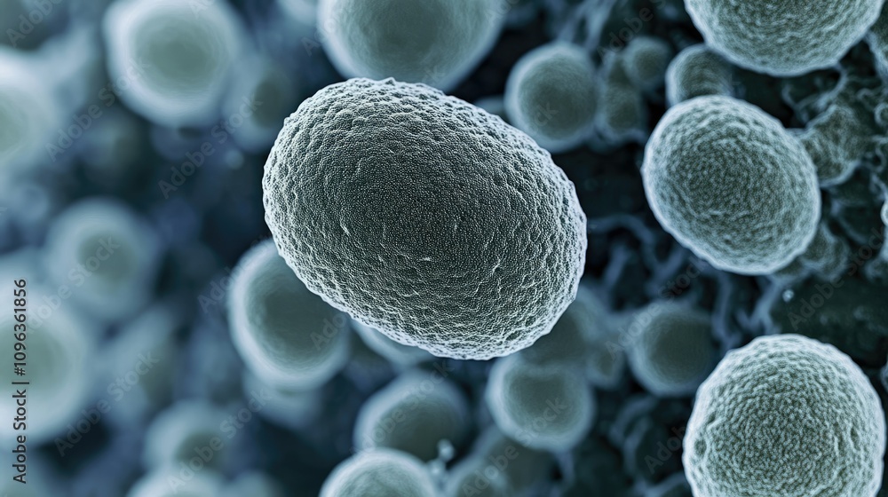 Poster magnified view of streptococcus bacteria under a microscope, revealing their shape and detailing the