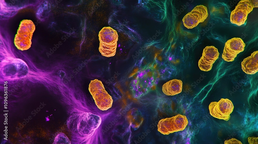 Poster magnified view of streptococcus bacteria under a microscope, revealing their shape and detailing the