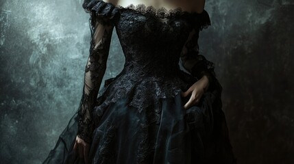 Fototapeta premium A close-up of a woman in an elegant, black lace dress against a textured backdrop.