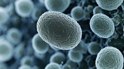 Magnified view of Streptococcus bacteria under a microscope, revealing their shape and detailing their role in human infections.