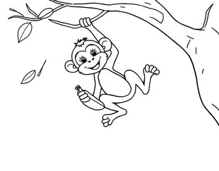 Obraz premium Outline style, coloring book, little monkey cub for children's coloring book