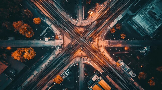 Overhead view of a railway junction with multiple tracks branching out, highlighting the intricate design of a transportation network.