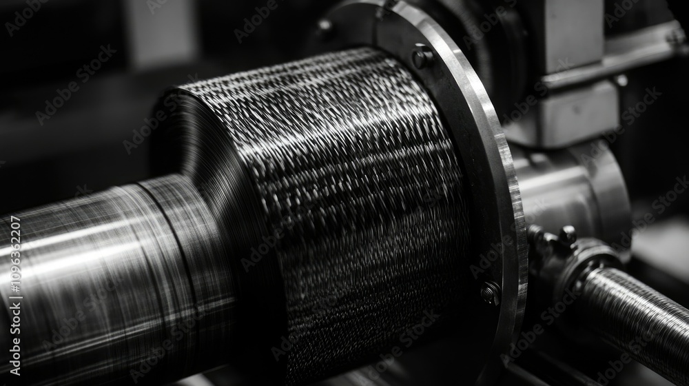 Poster Precision carbon fiber weaving machine creating complex patterns, focusing on the intricate, featherweight material being crafted.