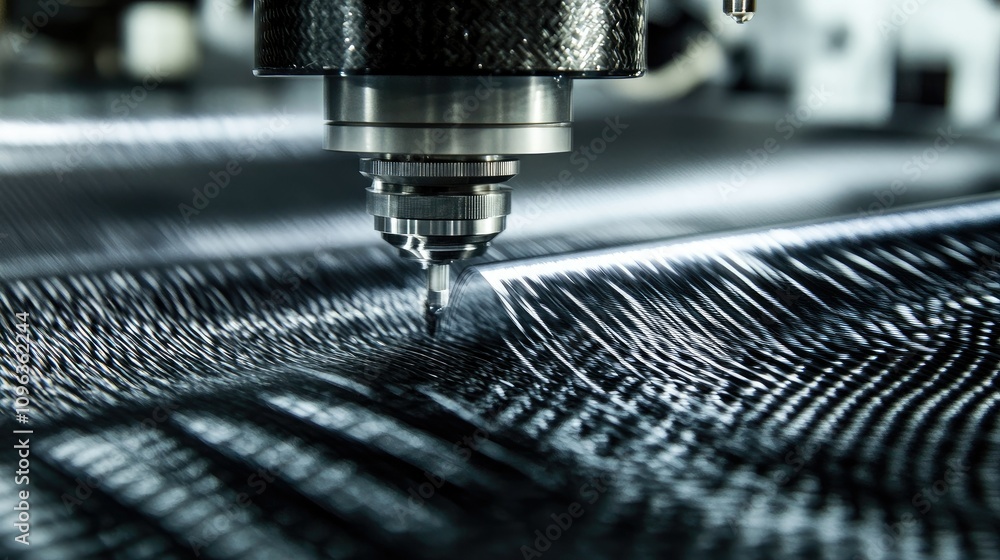 Poster Precision carbon fiber weaving machine creating complex patterns, focusing on the intricate, featherweight material being crafted.