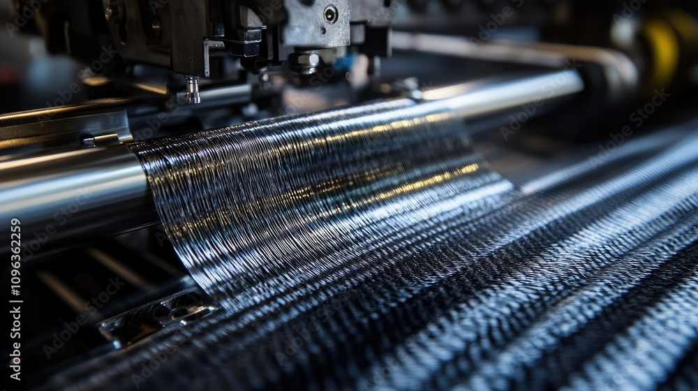 Poster Precision carbon fiber weaving machine creating complex patterns, focusing on the intricate, featherweight material being crafted.