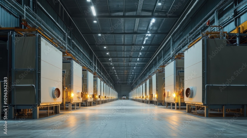 Aufkleber rows of large industrial kilns used for drying and processing gypsum boards in a spacious factory wa