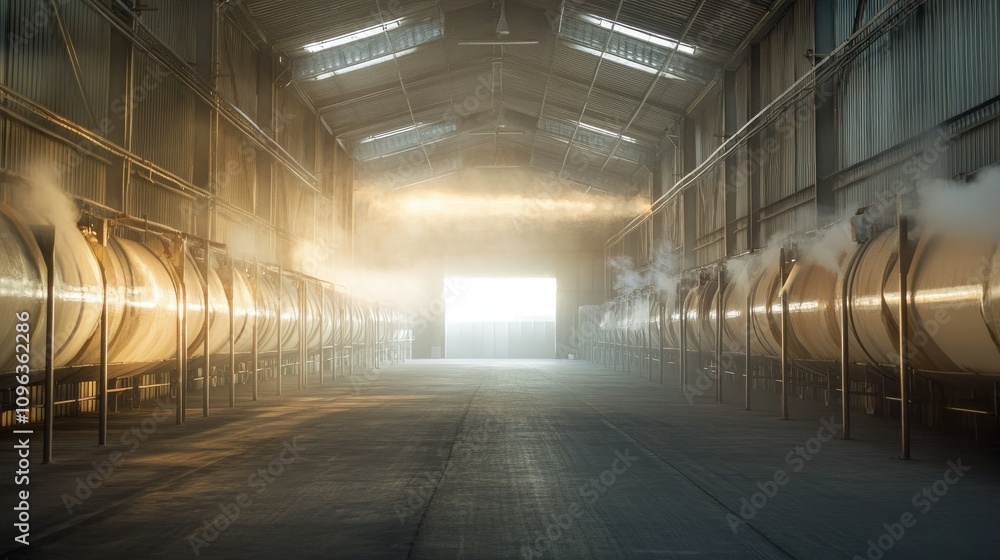 Aufkleber rows of large industrial kilns used for drying and processing gypsum boards in a spacious factory wa