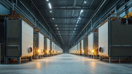 Rows of large industrial kilns used for drying and processing gypsum boards in a spacious factory warehouse, with glowing heat emissions and metal surfaces.