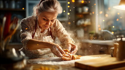 Banner illustrating elderly woman baking kitchen, surrounded by dough and flour, evoking warmth family times colors background