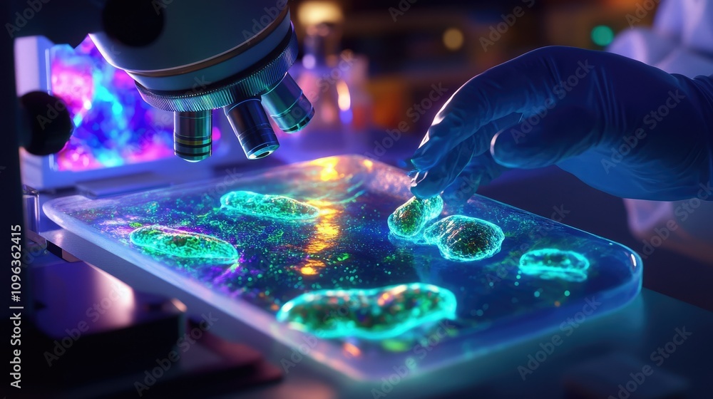 Aufkleber scientist using a high-powered microscope to study glowing mitochondria in a cell sample, focusing o