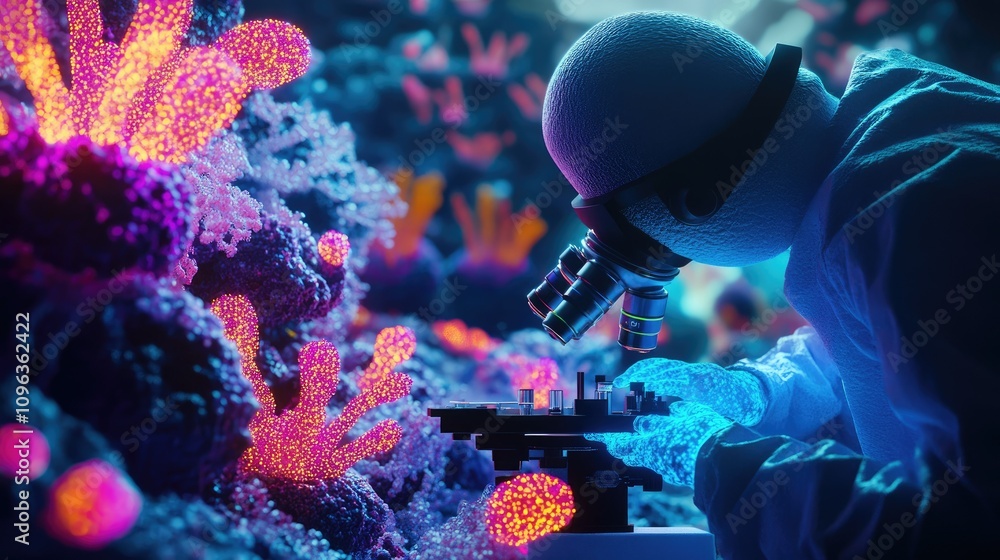 Poster Scientist using a high-powered microscope to study glowing mitochondria in a cell sample, focusing on intricate biological structures for research in biology.