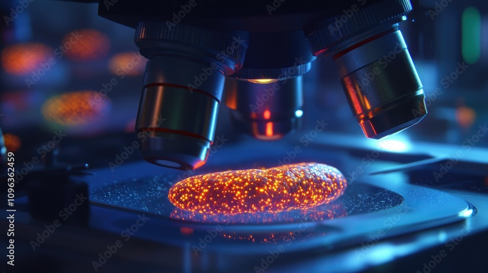Poster Scientist using a high-powered microscope to study glowing mitochondria in a cell sample, focusing on intricate biological structures for research in biology.