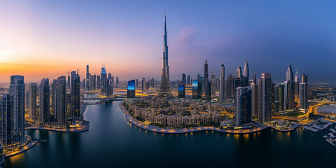 Fototapeta premium Modern City Skyline with Office Buildings and Drone View at Sunset