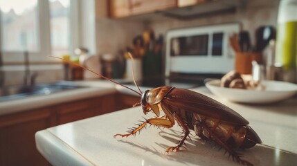 Close-up of Cockroach on Kitchen Counter Surface