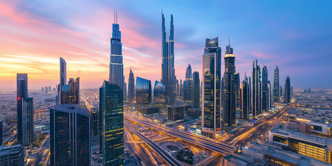 Fototapeta premium Modern City Skyline with Office Buildings and Drone View at Sunset