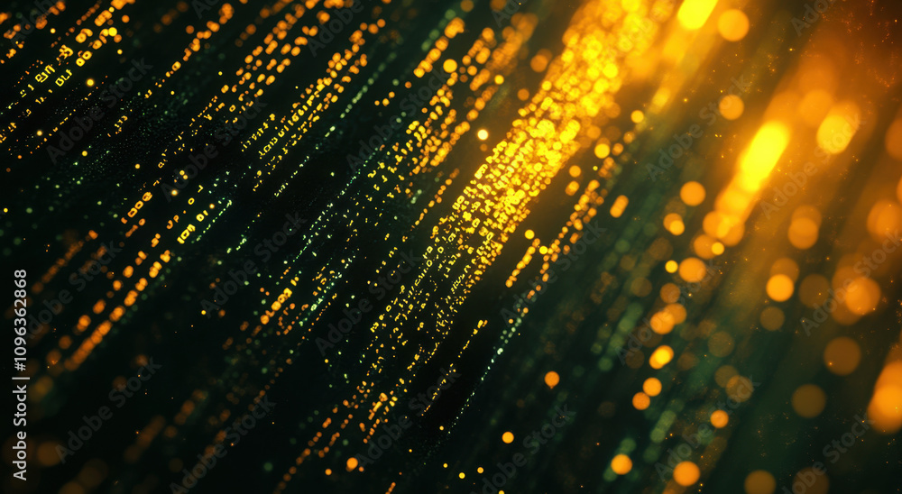 Poster abstract background of glowing golden particles and binary code on dark green, yellow, and orange co