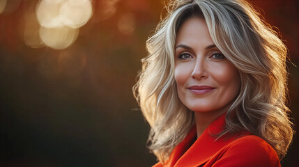 Radiant character smiling vibrant orange outfit autumn natural setting warmth glow banner energy.