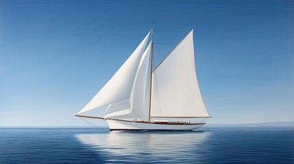 Fototapeta premium A beautifully crafted wooden yacht with white sails glides over the shimmering ocean, showcasing its elegance and speed in the sunny landscape