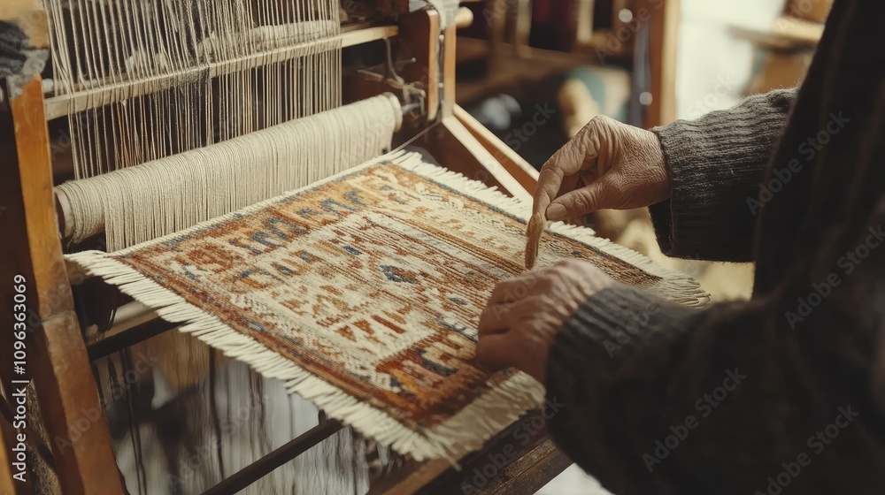 Poster traditional south american weaving techniques in action, with a skilled artisan creating intricate p