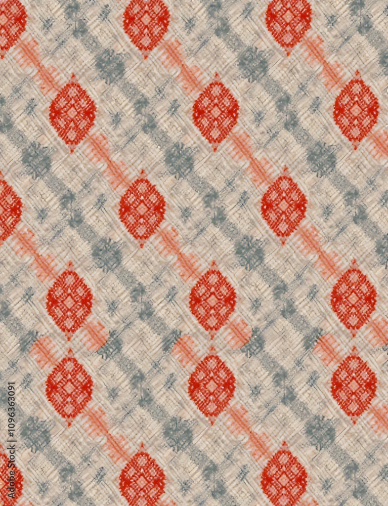 Poster Autumn argyle pattern features a seamless repeating design of interlocking red and blue diamonds on a muted background.