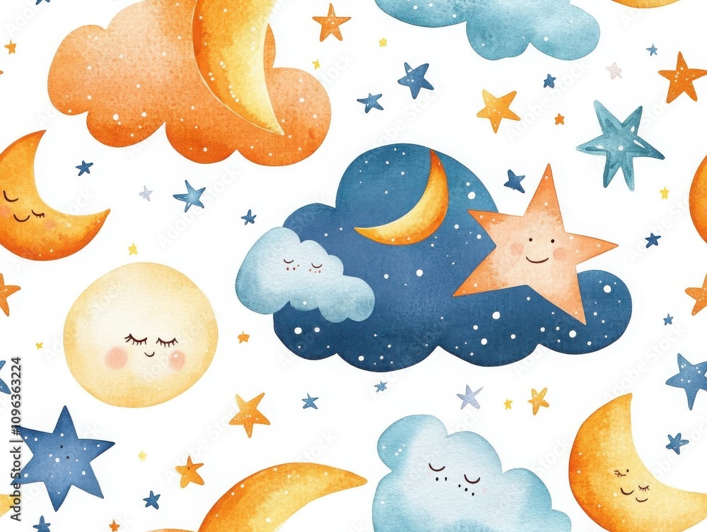 Poster boho seamless pattern and toy concepts. a whimsical pattern featuring smiling clouds, stars, moons, 