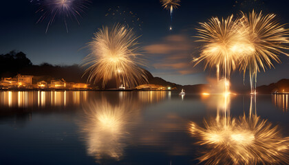 Fototapeta premium Golden Hour Fireworks Reflected on Water