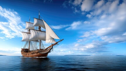 Fototapeta premium A beautifully crafted wooden yacht with white sails glides over the shimmering ocean, showcasing its elegance and speed in the sunny landscape