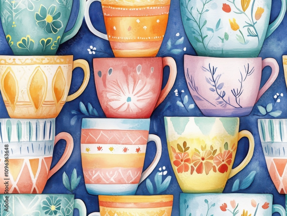 Aufkleber boho seamless pattern and toy concepts. a vibrant pattern of decorative cups stacked against a blue 