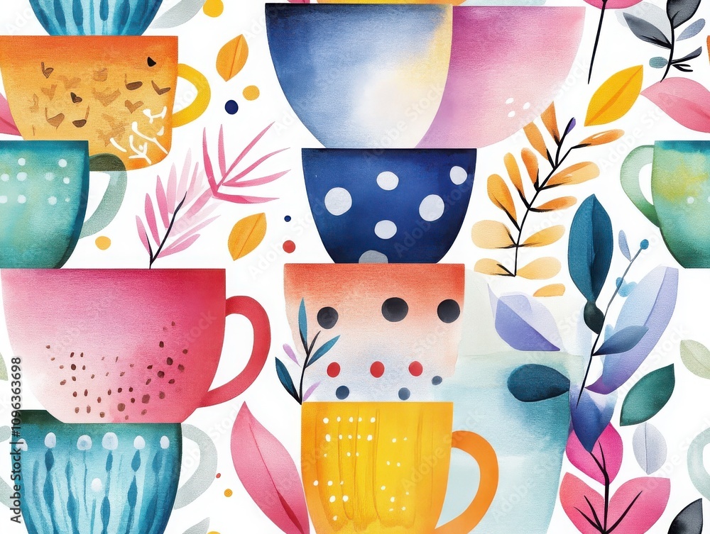 Poster boho seamless pattern and toy concepts. a vibrant illustration of colorful cups surrounded by whimsi
