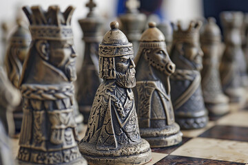 Chess piece standing on checkered game board during game of chess