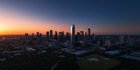 Fototapeta premium Modern City Skyline with Office Buildings and Drone View at Sunset