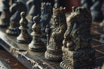 Fototapeta premium Chess piece standing on checkered game board during game of chess